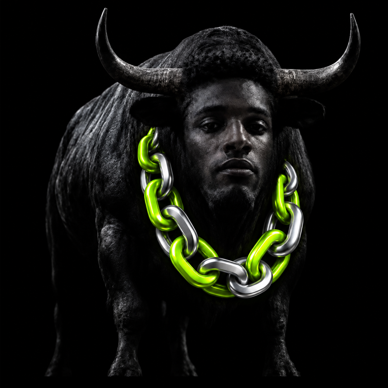 Twine Ansem, a black bull with a human face and a neon green chrome chain